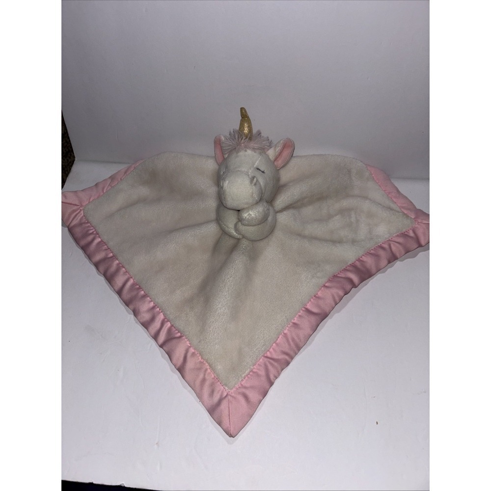 Carters Unicorn Lovey Plush White Pink Satin Trim & Back Security Blanket‎